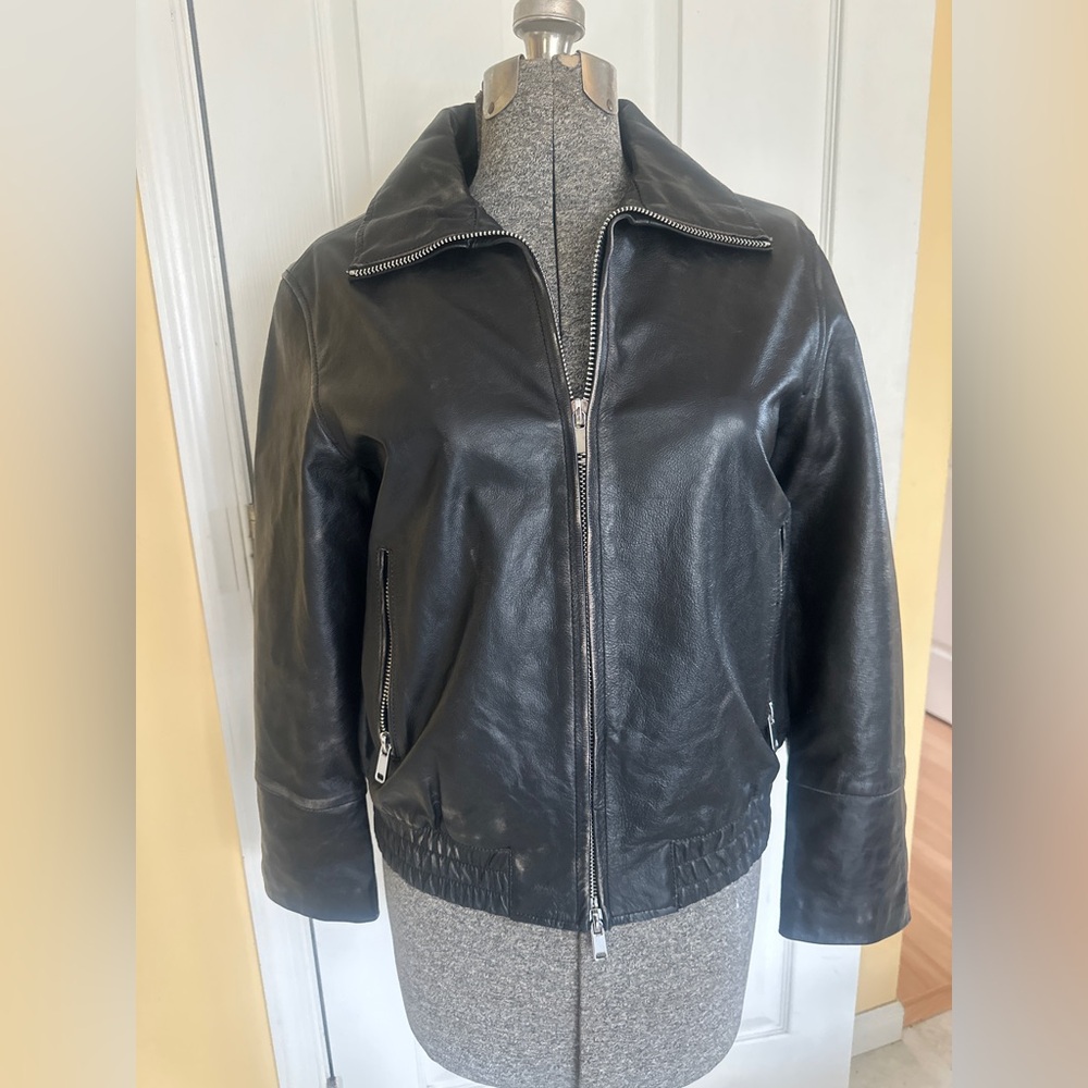 New Men’s Women’s Zara Classic Black Leather Zip-Front Bomber Jacket XS